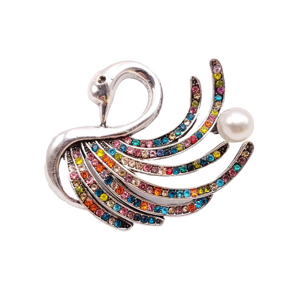 Swan Brooch Silver Tone Multicolor Rhinestone Faux Pearl Figural Colorful - Picture 1 of 5